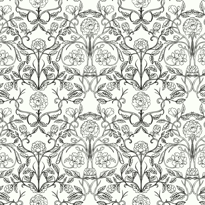 The Carnation Damask Wallpaper features a lush floral pattern of pink carnations and green leaves inspired by classic Victorian design.