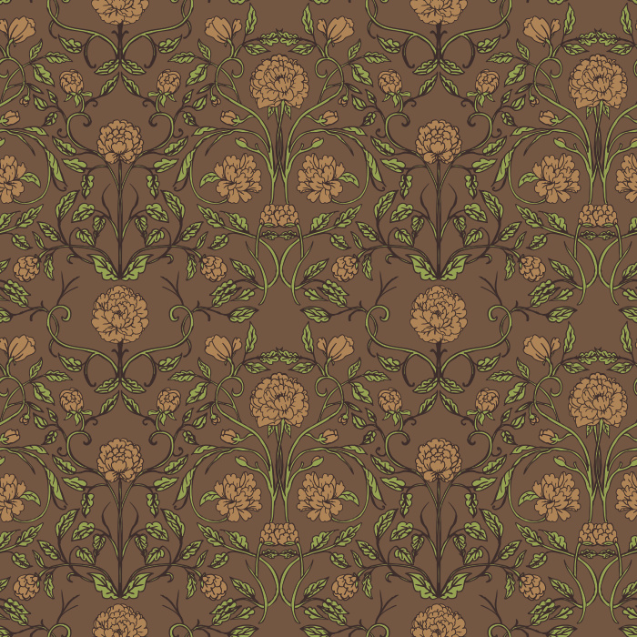 The Carnation Damask Wallpaper features a lush floral pattern of pink carnations and green leaves inspired by classic Victorian design.
