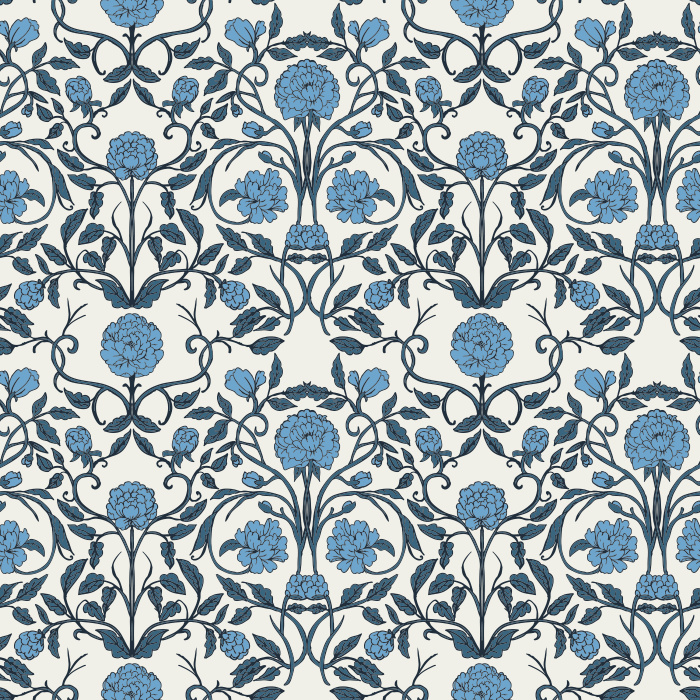 The Carnation Damask Wallpaper features a lush floral pattern of pink carnations and green leaves inspired by classic Victorian design.