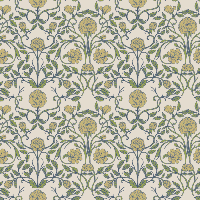 The Carnation Damask Wallpaper features a lush floral pattern of pink carnations and green leaves inspired by classic Victorian design.