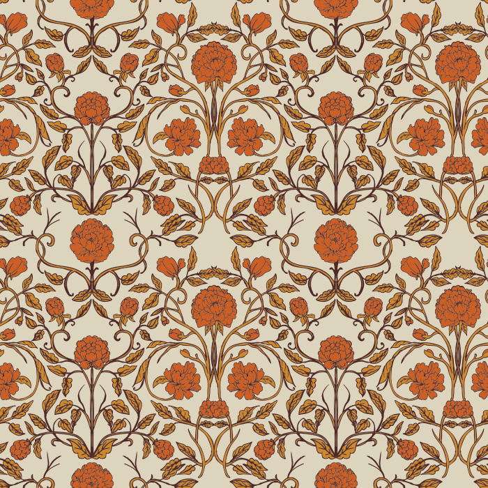 The Carnation Damask Wallpaper features a lush floral pattern of pink carnations and green leaves inspired by classic Victorian design.