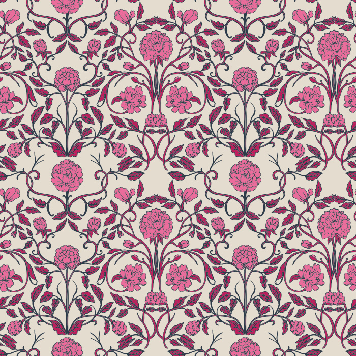 The Carnation Damask Wallpaper features a lush floral pattern of pink carnations and green leaves inspired by classic Victorian design.