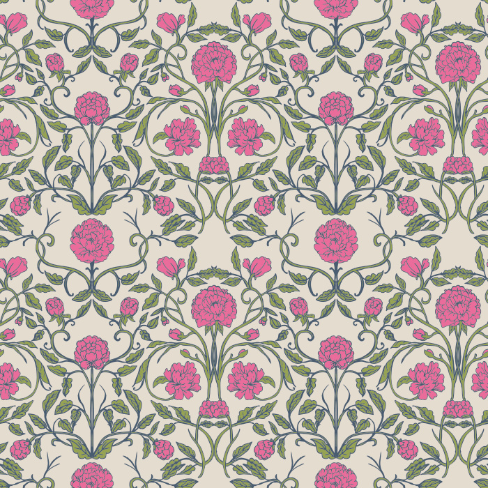 The Carnation Damask Wallpaper features a lush floral pattern of pink carnations and green leaves inspired by classic Victorian design.