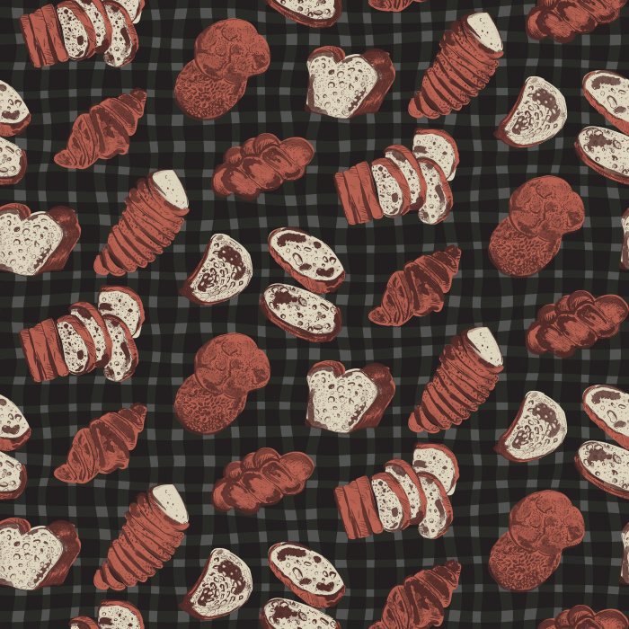 The Baked Goods Wallpaper features a charming retro-style pattern of illustrated cupcakes, cookies, and pastries in warm shades of brown, cream, and soft blue.