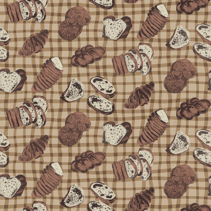 The Baked Goods Wallpaper features a charming retro-style pattern of illustrated cupcakes, cookies, and pastries in warm shades of brown, cream, and soft blue.