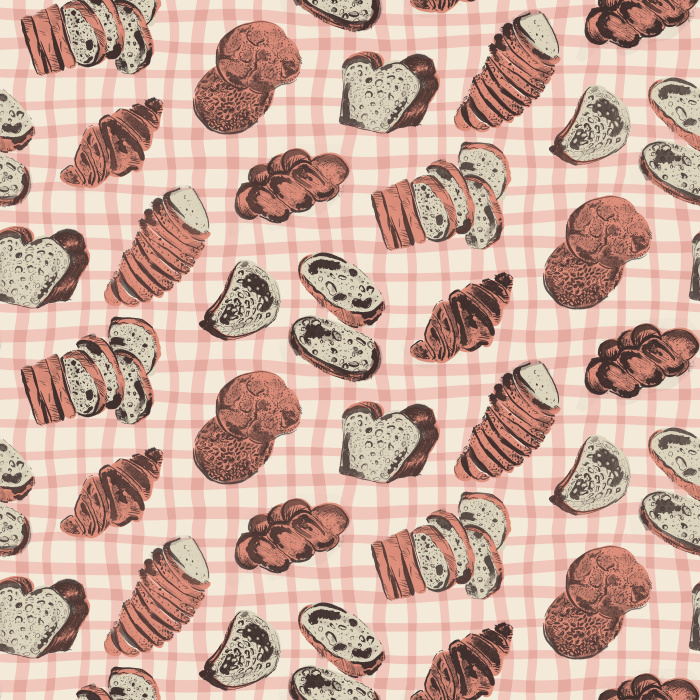 The Baked Goods Wallpaper features a charming retro-style pattern of illustrated cupcakes, cookies, and pastries in warm shades of brown, cream, and soft blue.