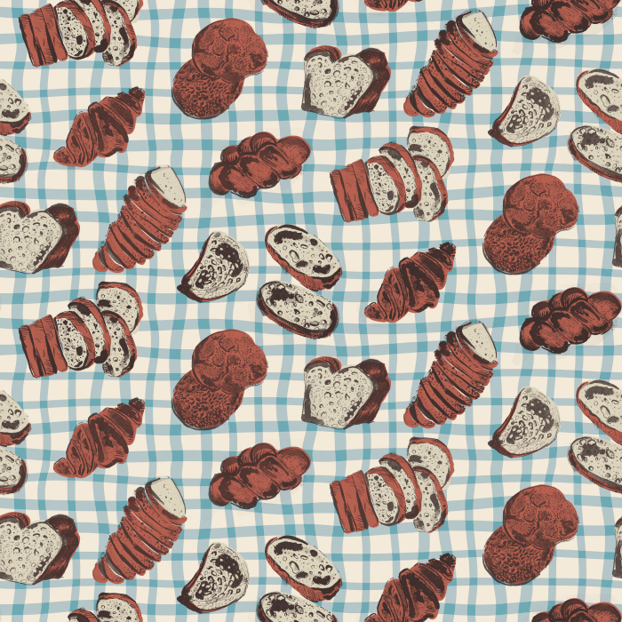 The Baked Goods Wallpaper features a charming retro-style pattern of illustrated cupcakes, cookies, and pastries in warm shades of brown, cream, and soft blue.
