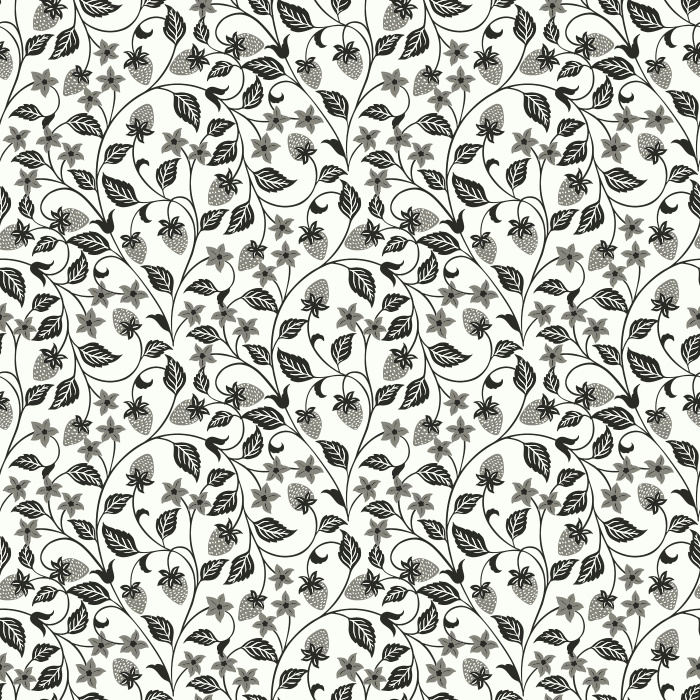 The Strawberry Vine Wallpaper features a charming botanical pattern of delicate strawberry plants with soft green leaves, white blossoms, and tiny pink berries.