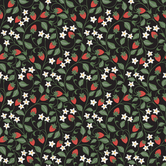 The Strawberry Vine Wallpaper features a charming botanical pattern of delicate strawberry plants with soft green leaves, white blossoms, and tiny pink berries.