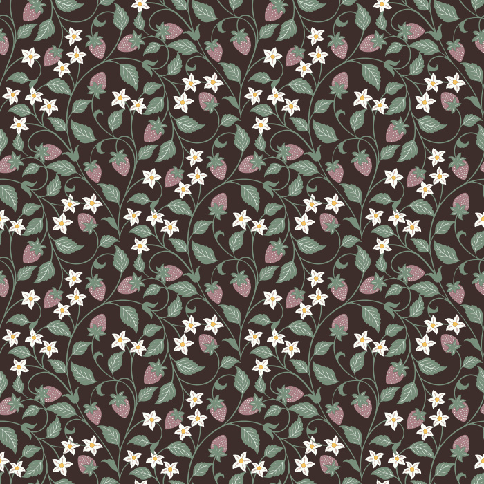 The Strawberry Vine Wallpaper features a charming botanical pattern of delicate strawberry plants with soft green leaves, white blossoms, and tiny pink berries.