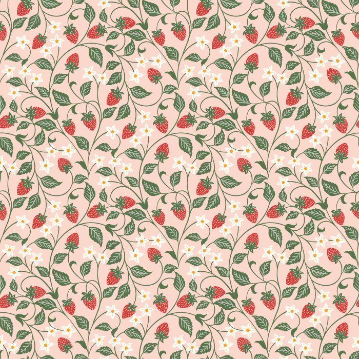 The Strawberry Vine Wallpaper features a charming botanical pattern of delicate strawberry plants with soft green leaves, white blossoms, and tiny pink berries.