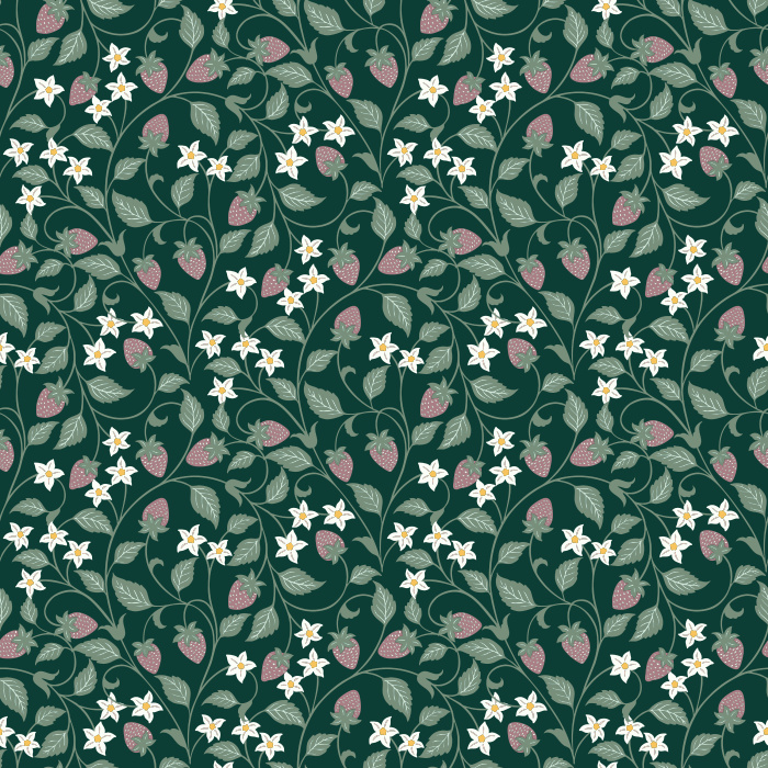 The Strawberry Vine Wallpaper features a charming botanical pattern of delicate strawberry plants with soft green leaves, white blossoms, and tiny pink berries.