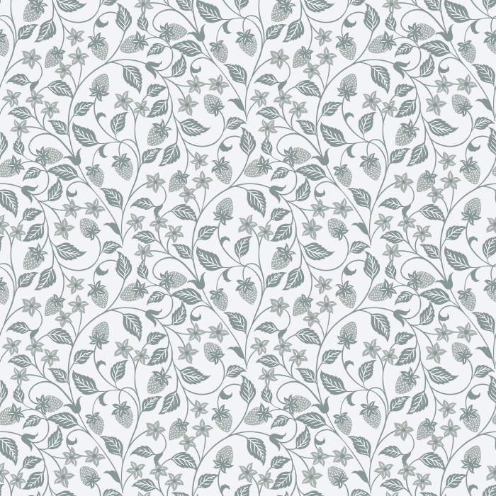 The Strawberry Vine Wallpaper features a charming botanical pattern of delicate strawberry plants with soft green leaves, white blossoms, and tiny pink berries.