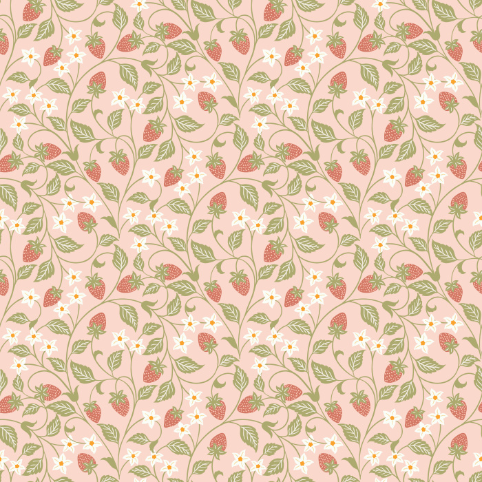 The Strawberry Vine Wallpaper features a charming botanical pattern of delicate strawberry plants with soft green leaves, white blossoms, and tiny pink berries.