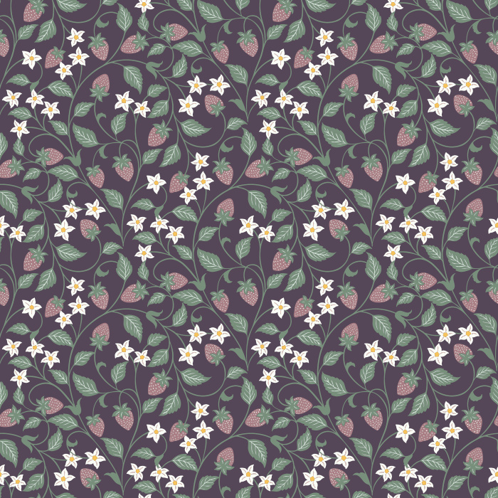 The Strawberry Vine Wallpaper features a charming botanical pattern of delicate strawberry plants with soft green leaves, white blossoms, and tiny pink berries.