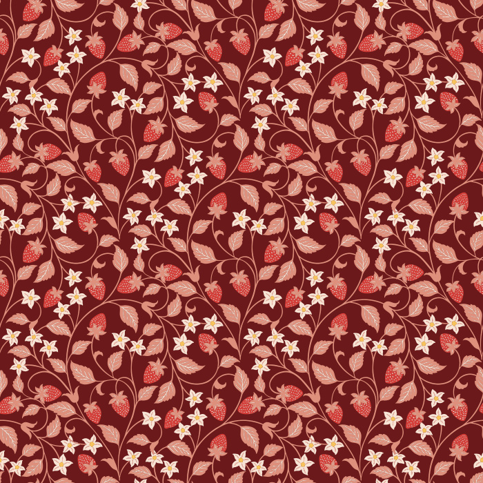 The Strawberry Vine Wallpaper features a charming botanical pattern of delicate strawberry plants with soft green leaves, white blossoms, and tiny pink berries.