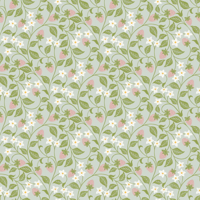 The Strawberry Vine Wallpaper features a charming botanical pattern of delicate strawberry plants with soft green leaves, white blossoms, and tiny pink berries.