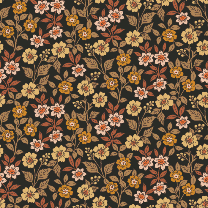 The Floral Sprinkle Wallpaper features a delicate vintage-inspired pattern of golden yellow and soft coral flowers with detailed leaves on a warm cream background.