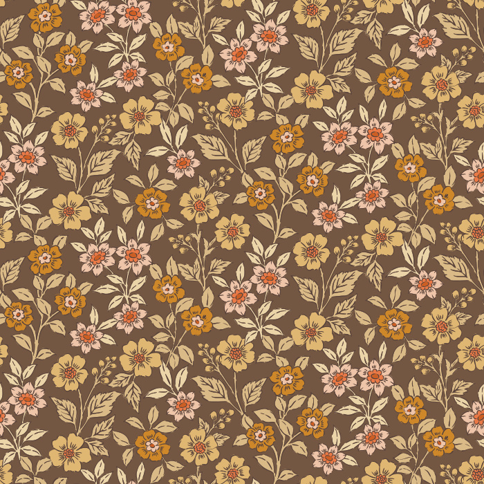 The Floral Sprinkle Wallpaper features a delicate vintage-inspired pattern of golden yellow and soft coral flowers with detailed leaves on a warm cream background.