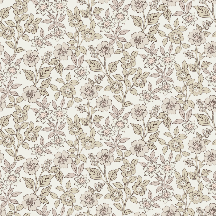 The Floral Sprinkle Wallpaper features a delicate vintage-inspired pattern of golden yellow and soft coral flowers with detailed leaves on a warm cream background.