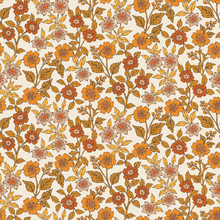The Floral Sprinkle Wallpaper features a delicate vintage-inspired pattern of golden yellow and soft coral flowers with detailed leaves on a warm cream background.