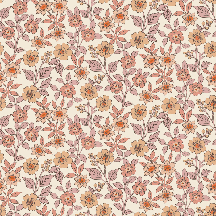 The Floral Sprinkle Wallpaper features a delicate vintage-inspired pattern of golden yellow and soft coral flowers with detailed leaves on a warm cream background.