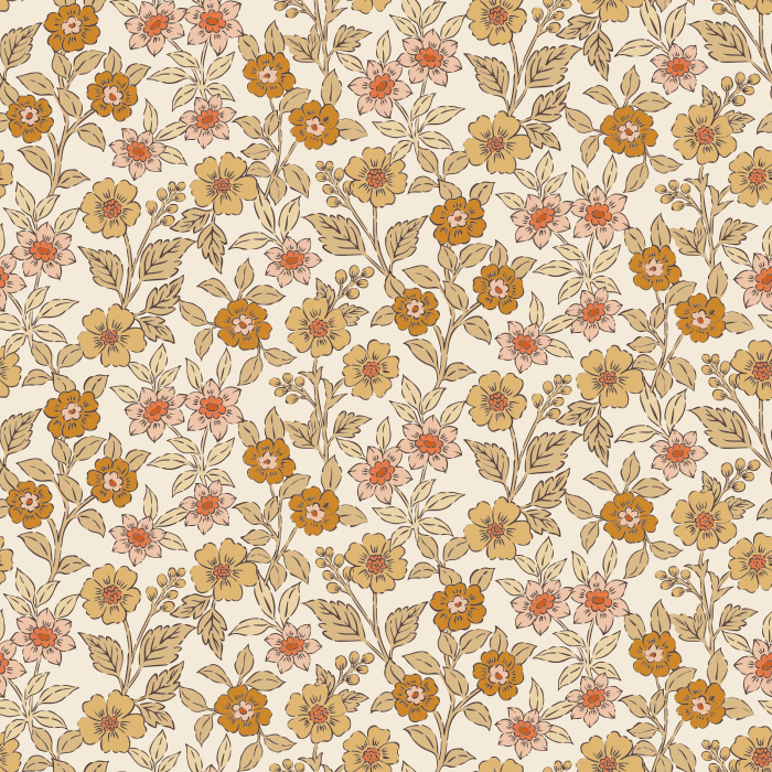 The Floral Sprinkle Wallpaper features a delicate vintage-inspired pattern of golden yellow and soft coral flowers with detailed leaves on a warm cream background.