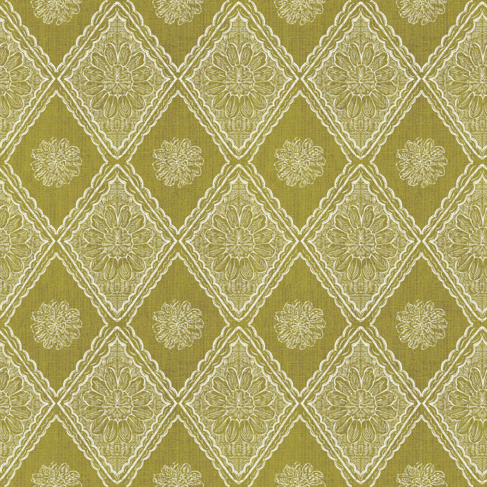 The Nostalgia Knit Wallpaper features an intricate diamond motif inspired by vintage woven textiles in a warm golden yellow tone.