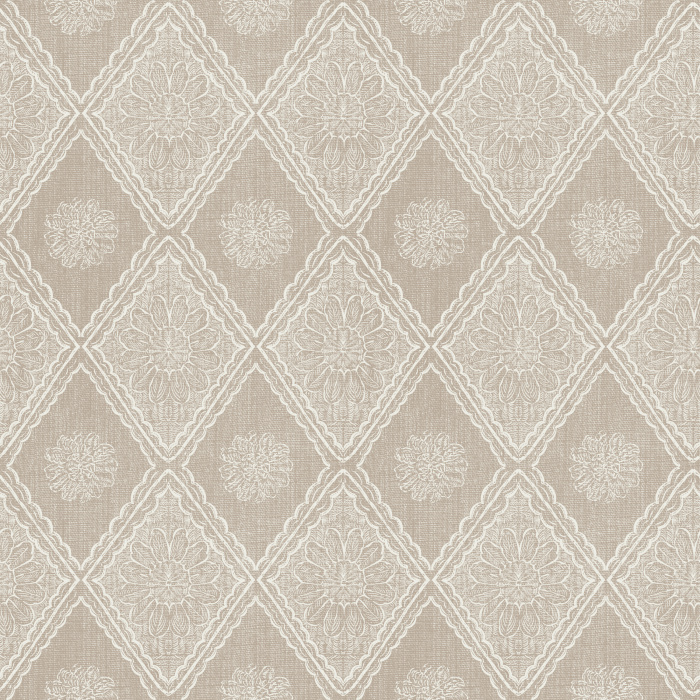 The Nostalgia Knit Wallpaper features an intricate diamond motif inspired by vintage woven textiles in a warm golden yellow tone.