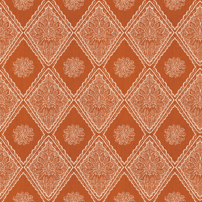 The Nostalgia Knit Wallpaper features an intricate diamond motif inspired by vintage woven textiles in a warm golden yellow tone.