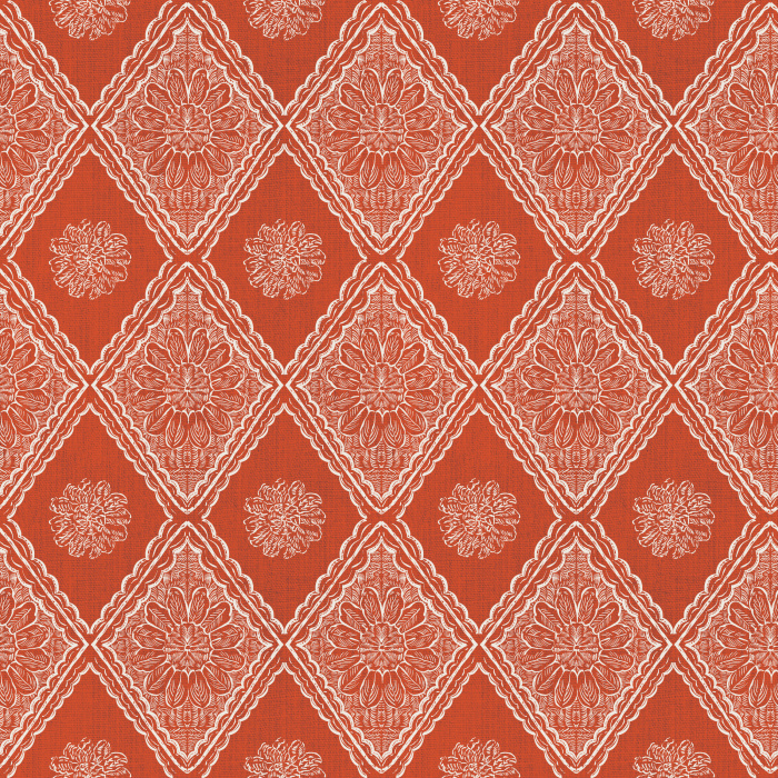 The Nostalgia Knit Wallpaper features an intricate diamond motif inspired by vintage woven textiles in a warm golden yellow tone.