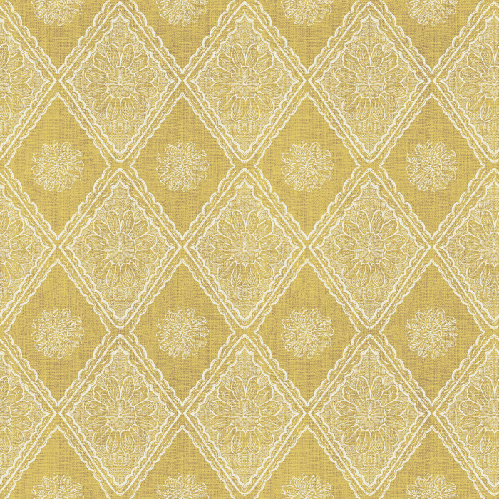The Nostalgia Knit Wallpaper features an intricate diamond motif inspired by vintage woven textiles in a warm golden yellow tone.
