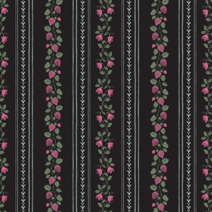 The Berry Stripes Wallpaper features delicate vertical stripes adorned with pink berry vines and leafy stems on a soft cream background.