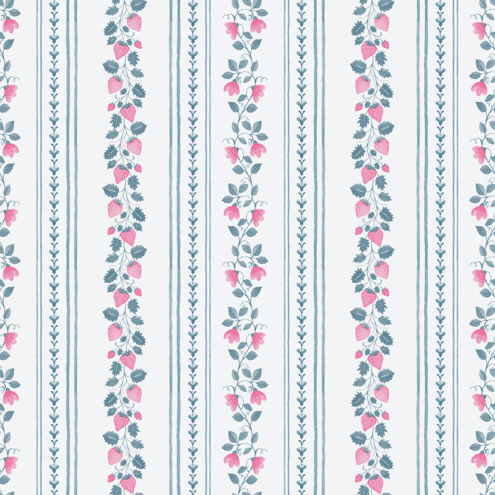 The Berry Stripes Wallpaper features delicate vertical stripes adorned with pink berry vines and leafy stems on a soft cream background.