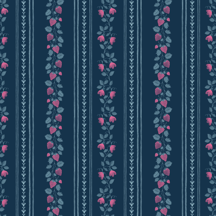 The Berry Stripes Wallpaper features delicate vertical stripes adorned with pink berry vines and leafy stems on a soft cream background.