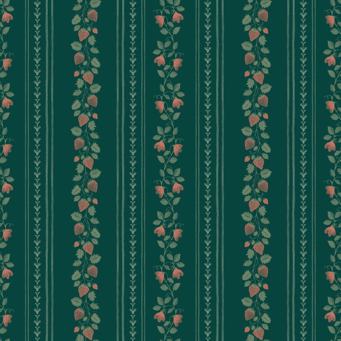 The Berry Stripes Wallpaper features delicate vertical stripes adorned with pink berry vines and leafy stems on a soft cream background.
