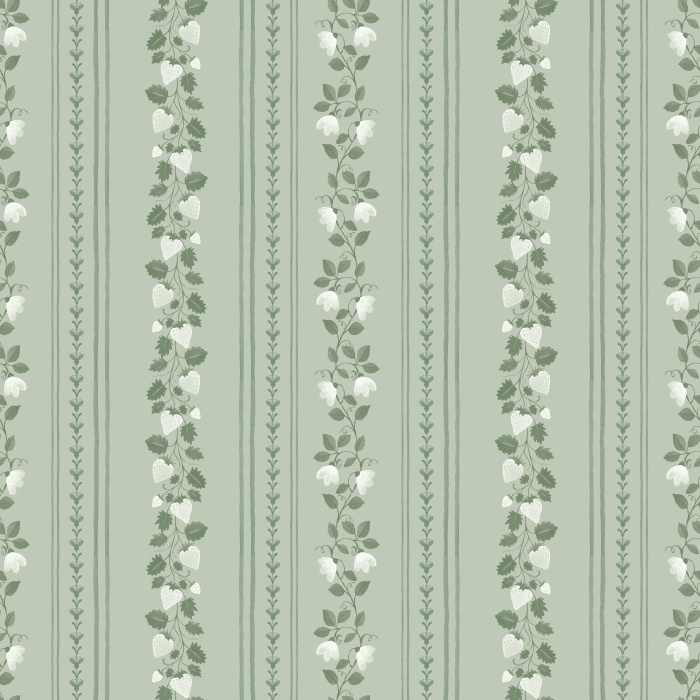 The Berry Stripes Wallpaper features delicate vertical stripes adorned with pink berry vines and leafy stems on a soft cream background.