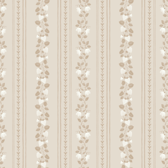 The Berry Stripes Wallpaper features delicate vertical stripes adorned with pink berry vines and leafy stems on a soft cream background.