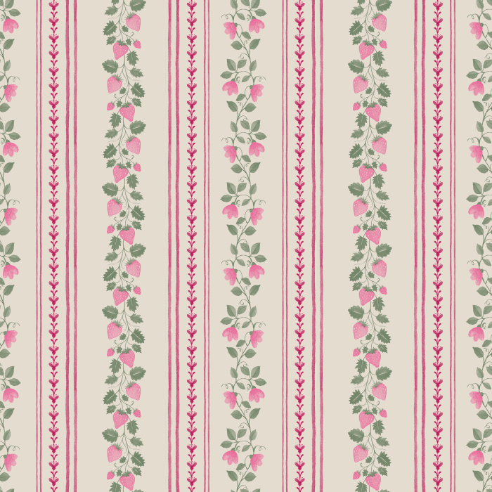 The Berry Stripes Wallpaper features delicate vertical stripes adorned with pink berry vines and leafy stems on a soft cream background.