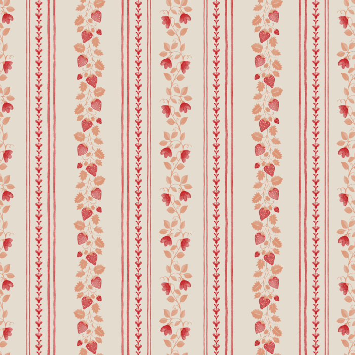 The Berry Stripes Wallpaper features delicate vertical stripes adorned with pink berry vines and leafy stems on a soft cream background.