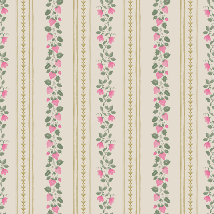 The Berry Stripes Wallpaper features delicate vertical stripes adorned with pink berry vines and leafy stems on a soft cream background.