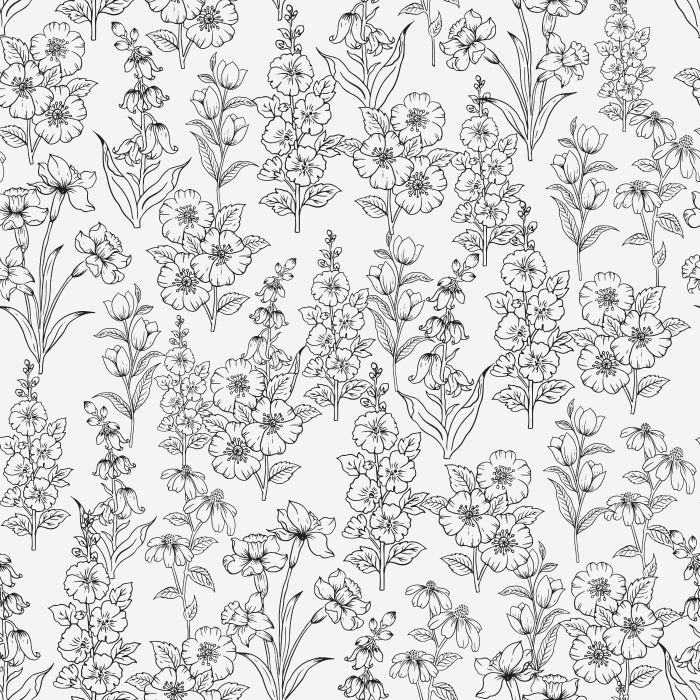 The Gardenia Elegance Wallpaper features a graceful floral pattern with blooming gardenias, wildflowers, and leafy stems in soft pink, lavender, and green tones.