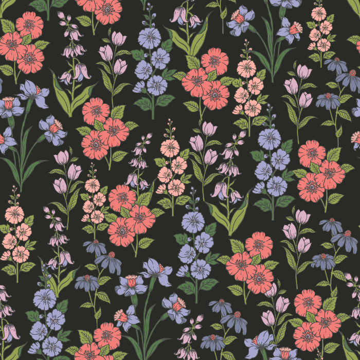 The Gardenia Elegance Wallpaper features a graceful floral pattern with blooming gardenias, wildflowers, and leafy stems in soft pink, lavender, and green tones.