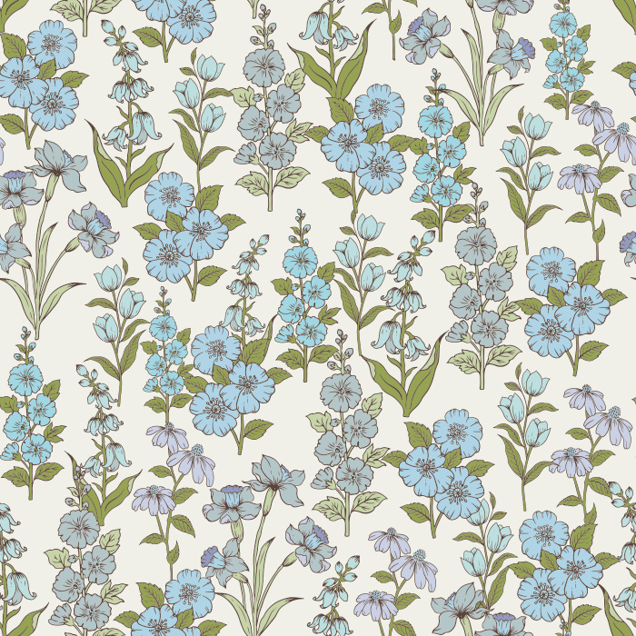 The Gardenia Elegance Wallpaper features a graceful floral pattern with blooming gardenias, wildflowers, and leafy stems in soft pink, lavender, and green tones.