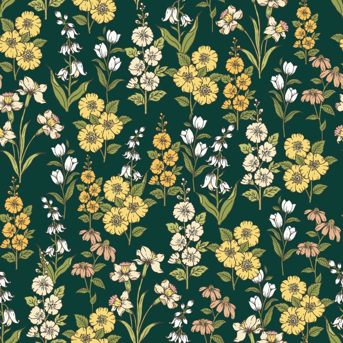 The Gardenia Elegance Wallpaper features a graceful floral pattern with blooming gardenias, wildflowers, and leafy stems in soft pink, lavender, and green tones.