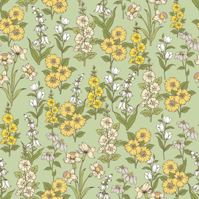The Gardenia Elegance Wallpaper features a graceful floral pattern with blooming gardenias, wildflowers, and leafy stems in soft pink, lavender, and green tones.