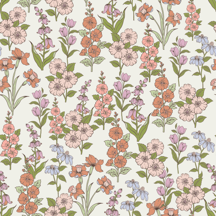 The Gardenia Elegance Wallpaper features a graceful floral pattern with blooming gardenias, wildflowers, and leafy stems in soft pink, lavender, and green tones.