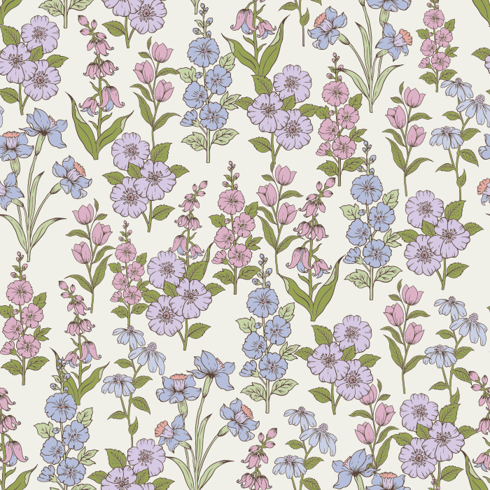The Gardenia Elegance Wallpaper features a graceful floral pattern with blooming gardenias, wildflowers, and leafy stems in soft pink, lavender, and green tones.