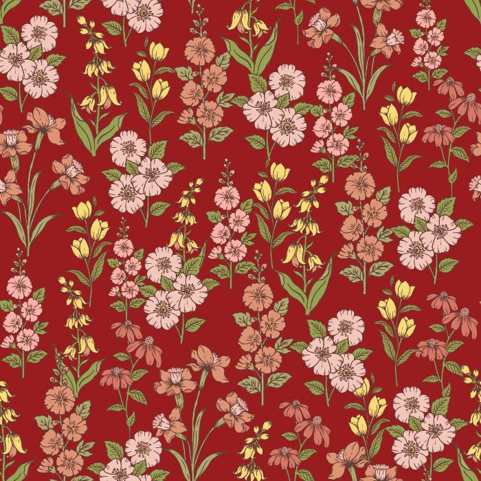 The Gardenia Elegance Wallpaper features a graceful floral pattern with blooming gardenias, wildflowers, and leafy stems in soft pink, lavender, and green tones.