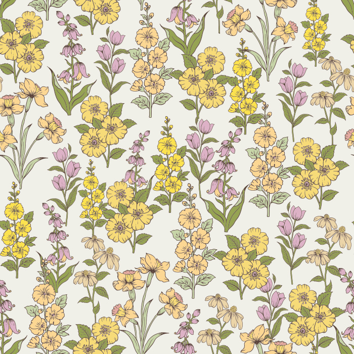 The Gardenia Elegance Wallpaper features a graceful floral pattern with blooming gardenias, wildflowers, and leafy stems in soft pink, lavender, and green tones.